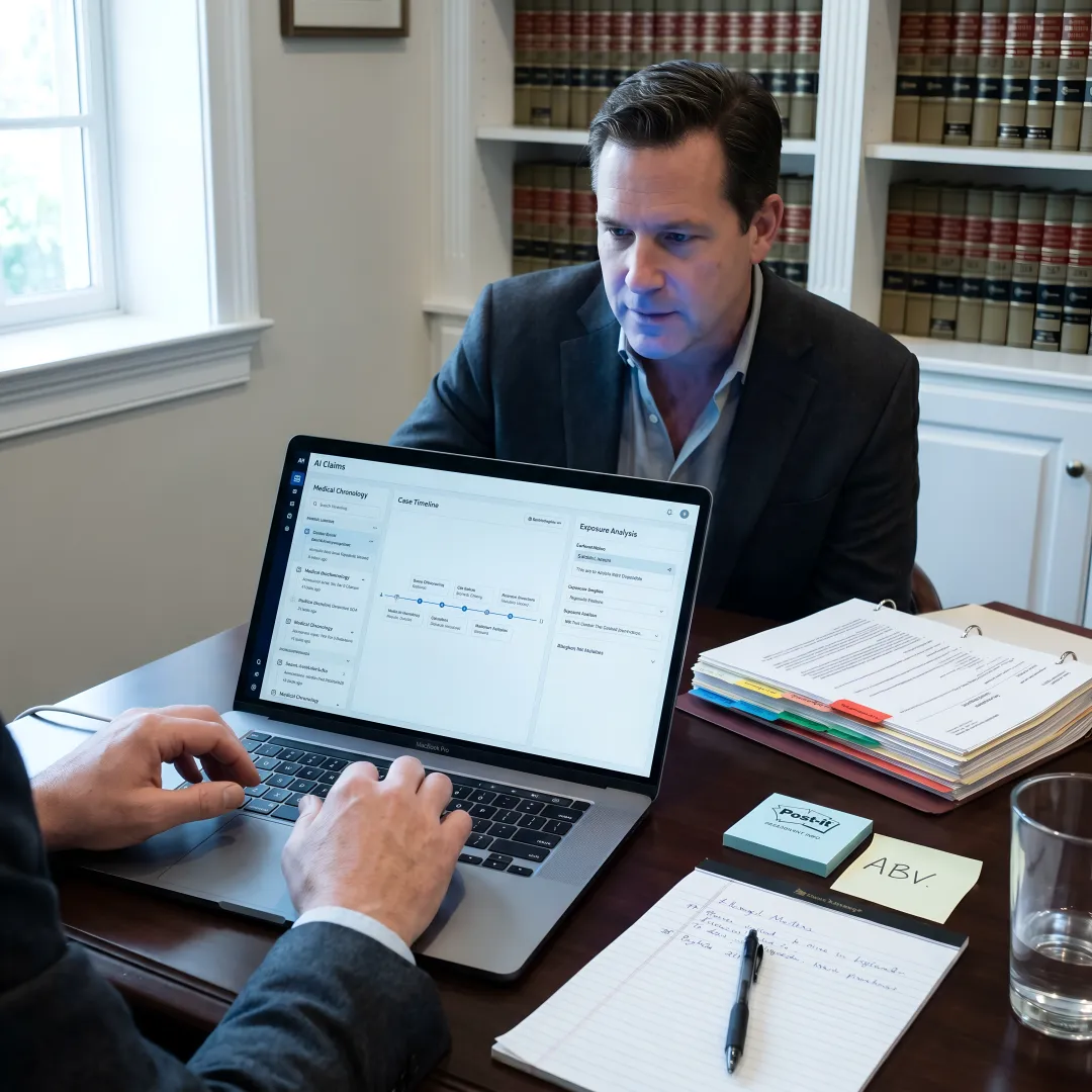 Attorney reviewing AI-organized claim documents