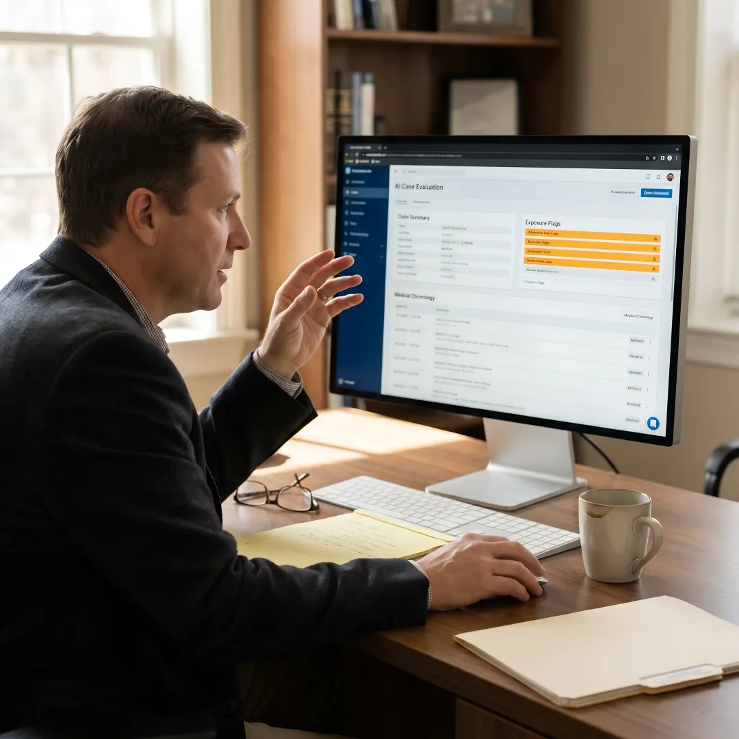 Defense claims team reviewing AI-generated claim insights