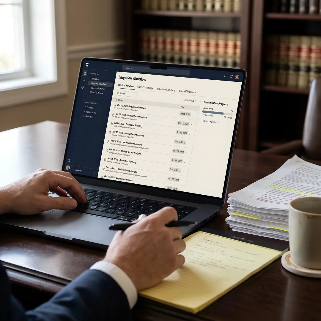 Structured workflow for reviewing mass tort medical records