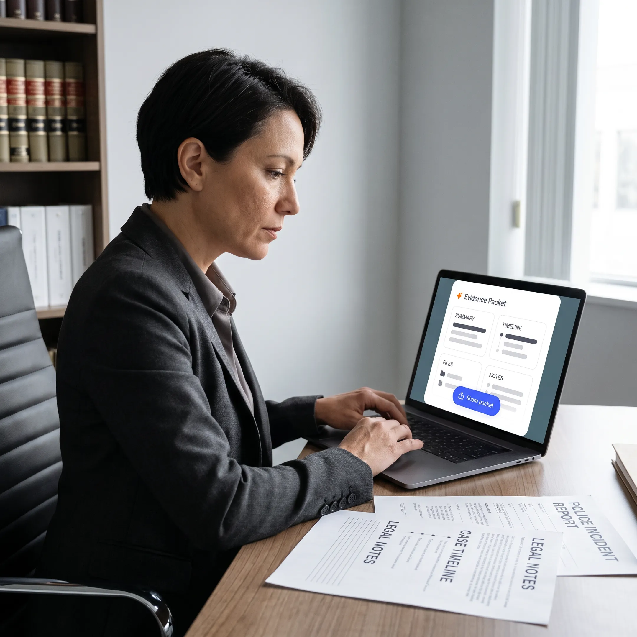 Legal defense professional reviewing a structured police incident report summary
