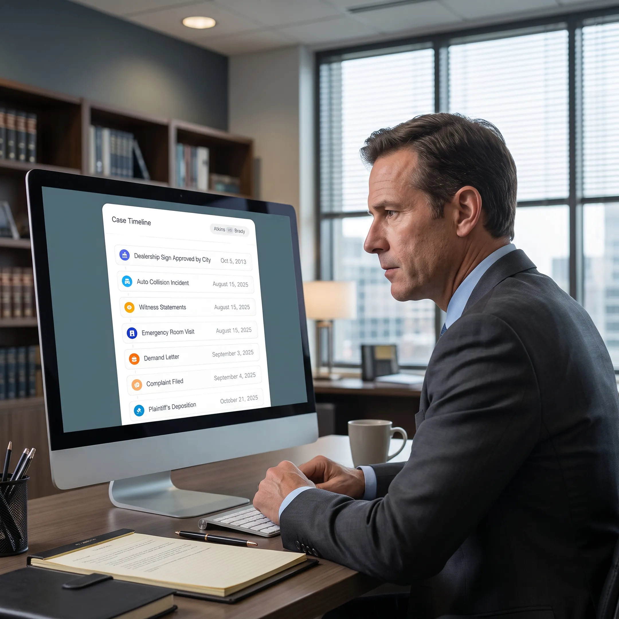 Defense professional reviewing AI-organized legal claim documents