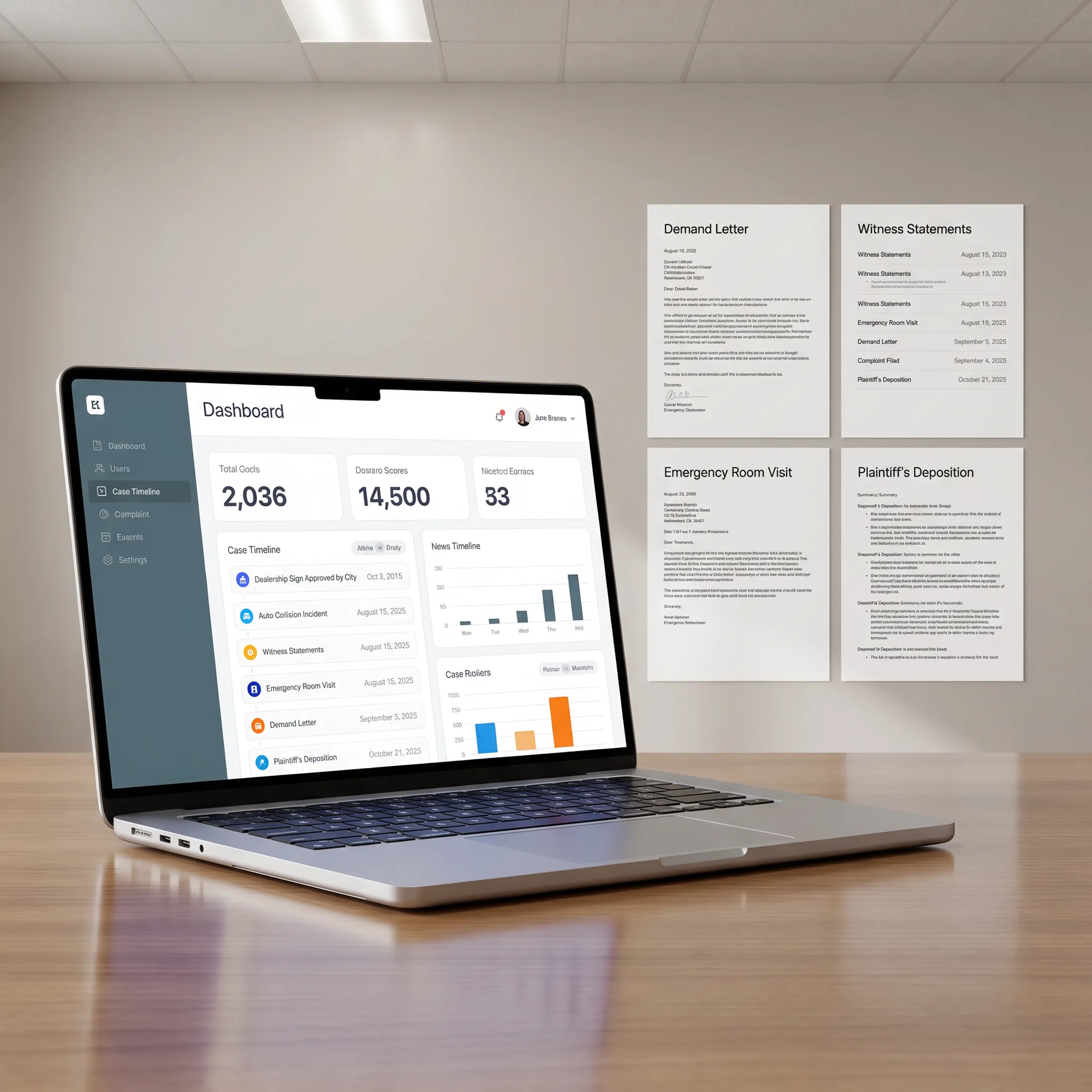 AI legal document review dashboard analyzing defense claim files