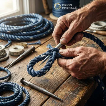 Professional technician creating a custom eye splice on marine-grade rope
