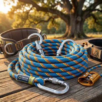 Professional arborist climbing rope coiled and ready for tree care work