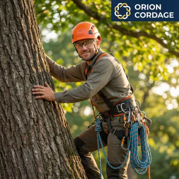 Arborist using professional climbing rope during tree trimming operation