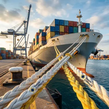 Heavy-duty polyester mooring lines securing a large commercial vessel at a busy port terminal