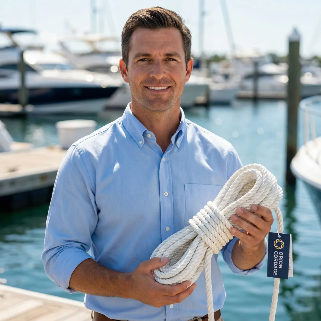 Professional boat dealer examining quality anchor line rope with customer at marina