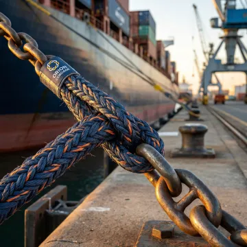 Heavy-duty commercial vessel mooring tail and pendant system securing a ship at harbor