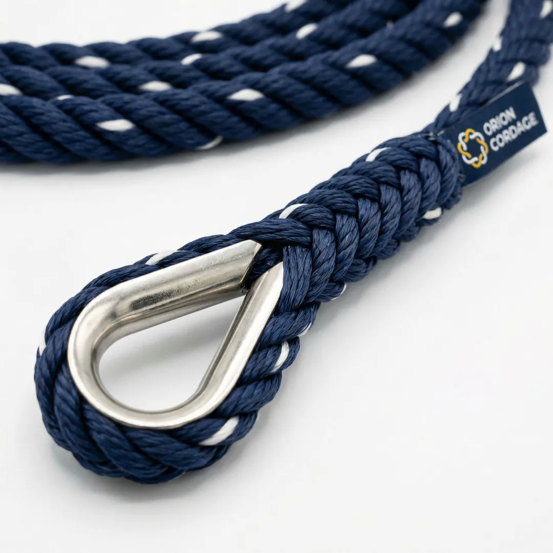 Close-up of precision-spliced commercial mooring tail showing professional eye splice termination