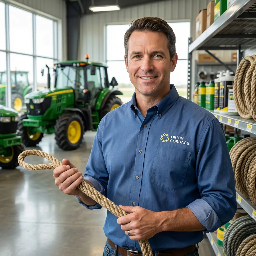 Farm equipment dealer inspecting rope quality for agricultural use