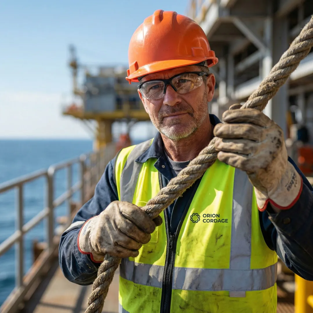 Worker inspecting heavy-duty rope on offshore platform