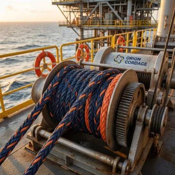 Heavy-duty industrial rope coiled on offshore oil platform deck