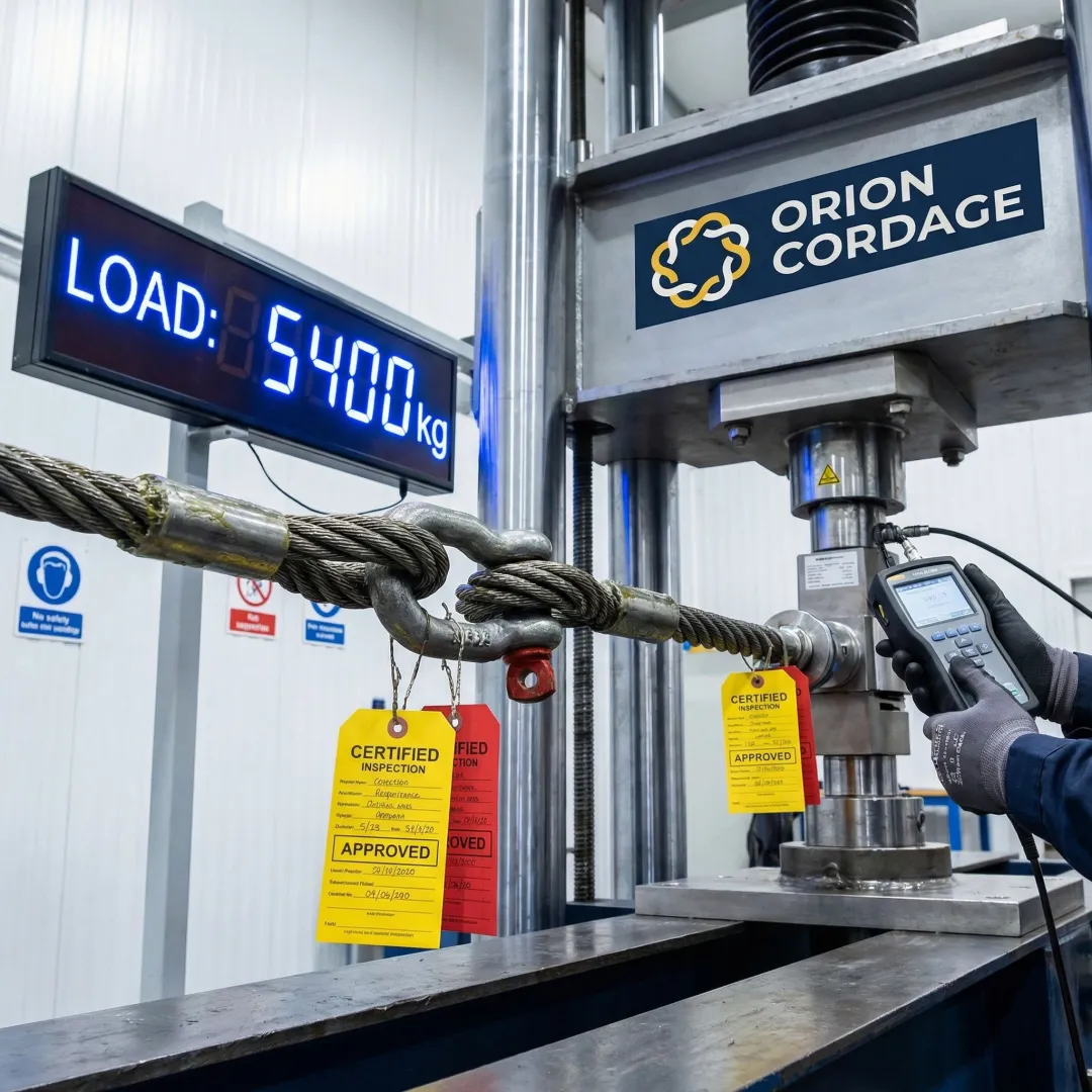 Close-up of rigging load testing equipment with digital gauges and certified inspection tags