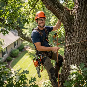 Professional arborist using specialized climbing rope while working in a tall tree