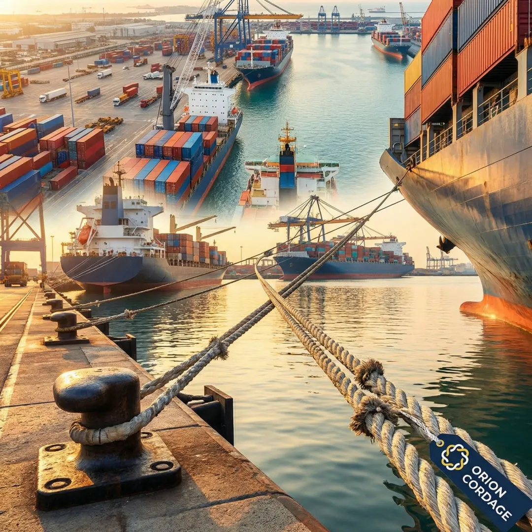 Industrial port facility with commercial vessels secured by professional mooring systems