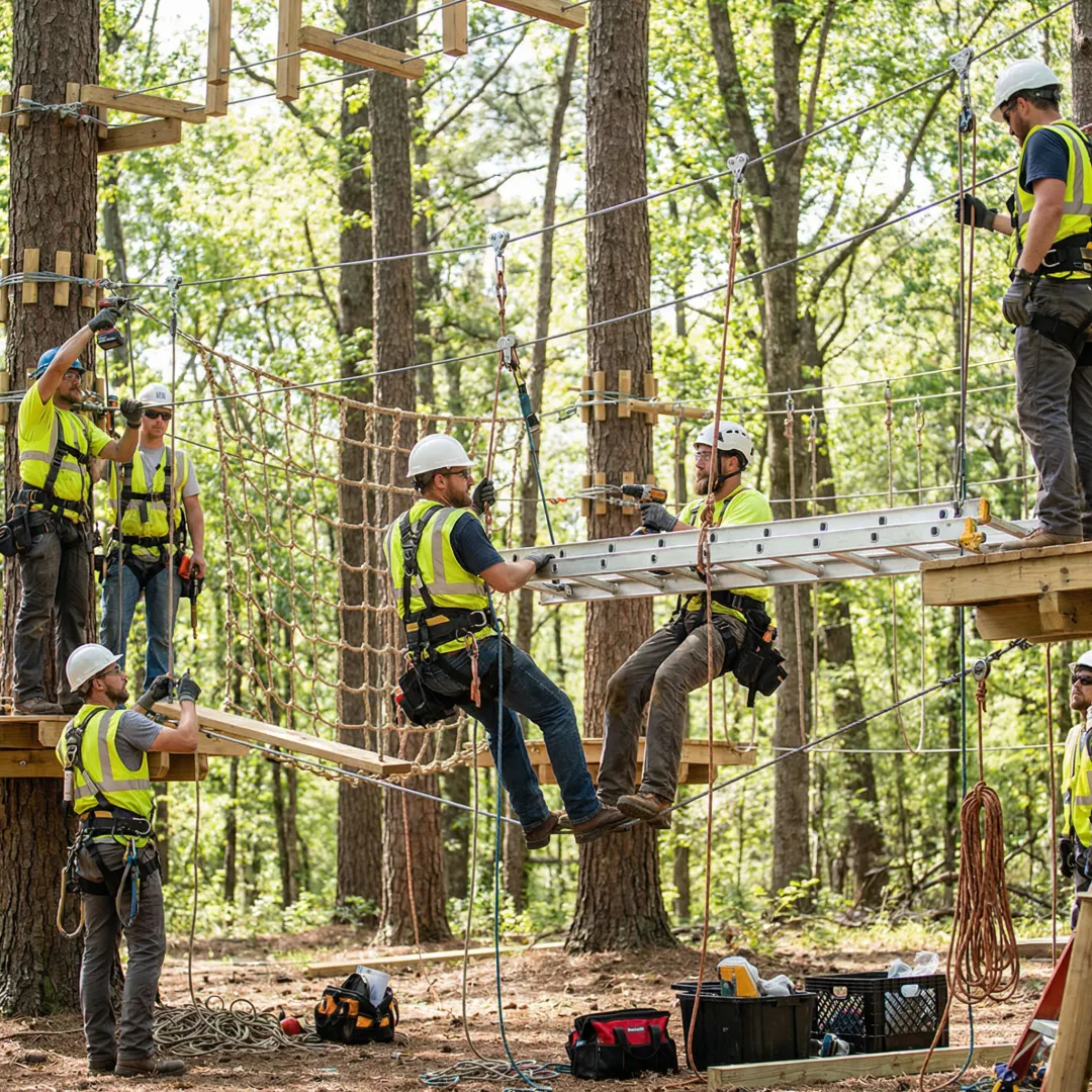Construction team installing high ropes course elements between trees