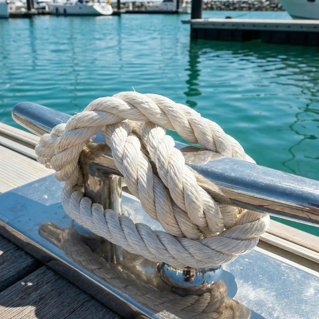 Close-up of marine-grade mooring rope secured to dock cleat