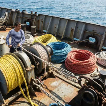 Heavy-duty marine rope coiled on commercial vessel deck with rigging equipment