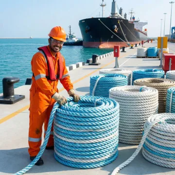 Professional marine contractor handling bulk coils of heavy-duty rope on commercial dock