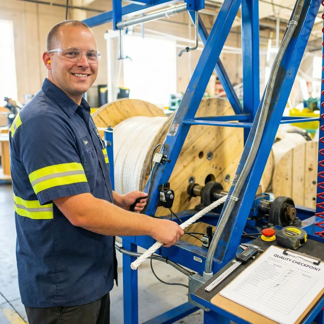 Rope manufacturing technician operating precision cutting equipment