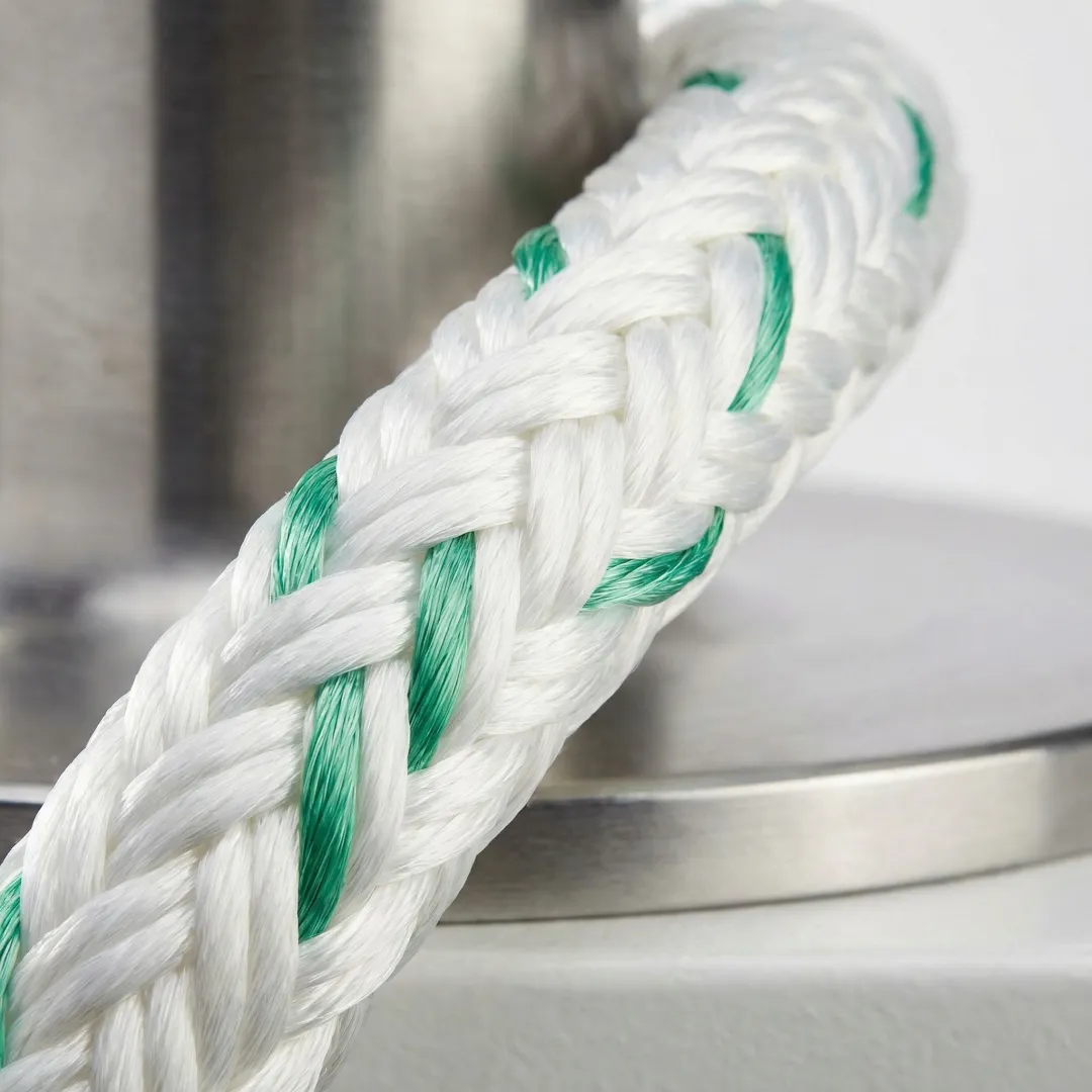 Close-up of thick polyester mooring rope construction showing braided fibers
