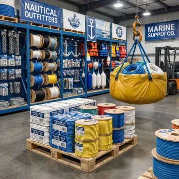 Professional marine dealer organizing bulk anchor line packages in warehouse setting