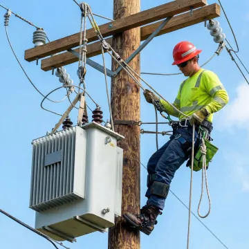 Utility lineman using heavy-duty rope for power equipment installation