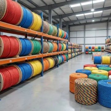 Industrial spools of polypropylene rope in warehouse distribution center