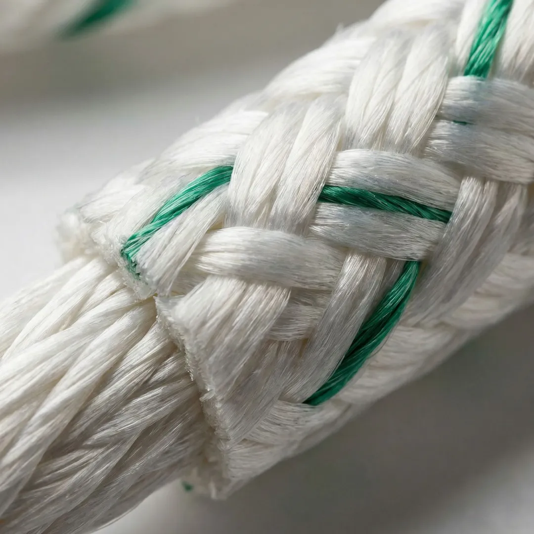 Close-up of double braid polyester rope construction showing core and cover