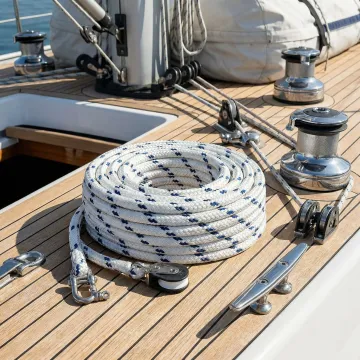 Premium double braid polyester rope coiled on sailing yacht deck with rigging hardware