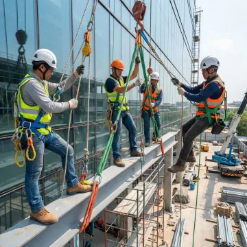 Construction workers using rigging rope on building site