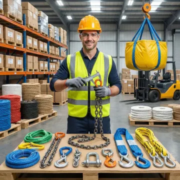 Industrial rigging inspection specialist examining heavy-duty lifting equipment and slings