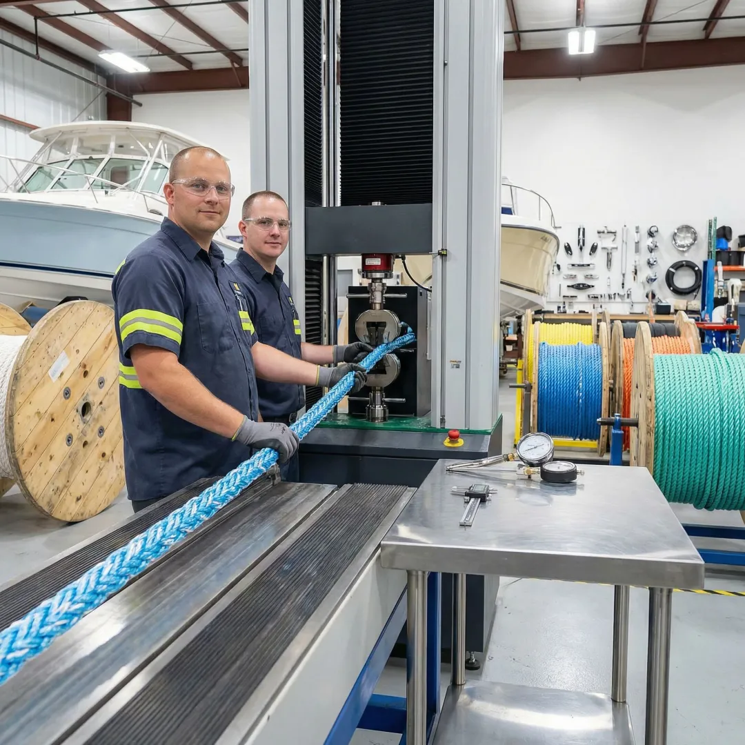 Marine rope manufacturing facility with quality control testing