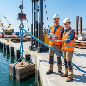 Close-up of heavy-duty marine rope being tested under load at dock construction site