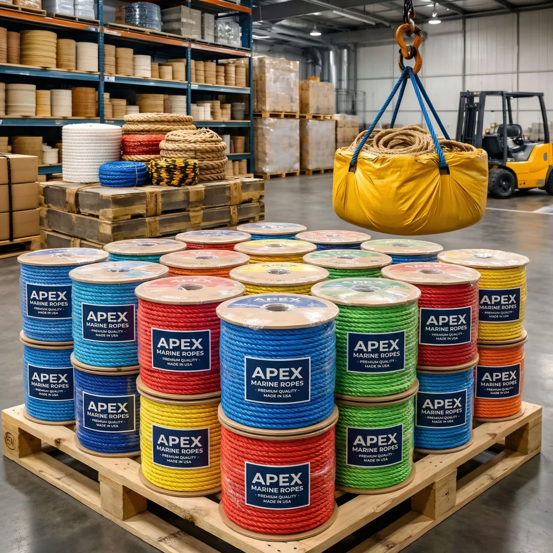 Custom colored rope spools displayed with branding labels for distributors