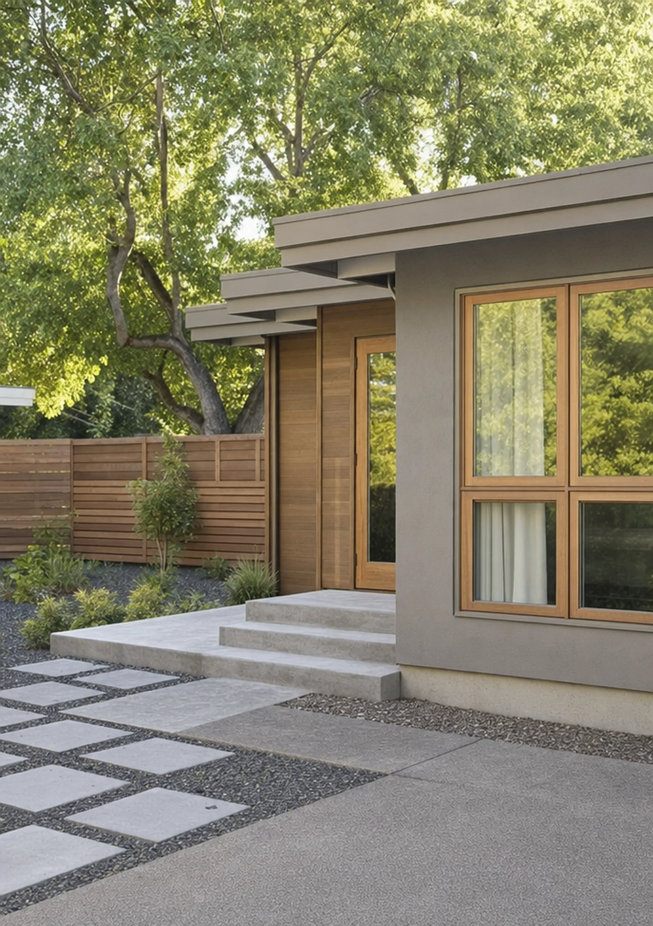 Mid-century home with gray stucco and warm wood-framed windows