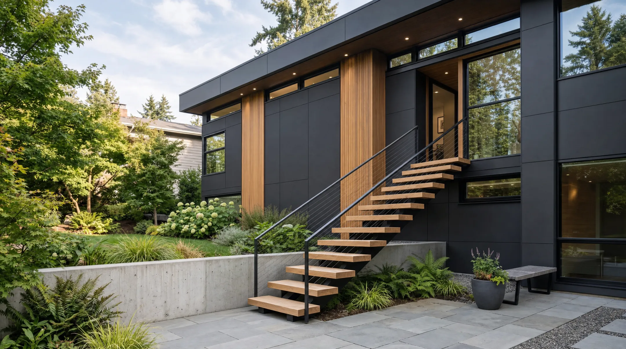 Modern custom home with angular dark façade and floating staircase