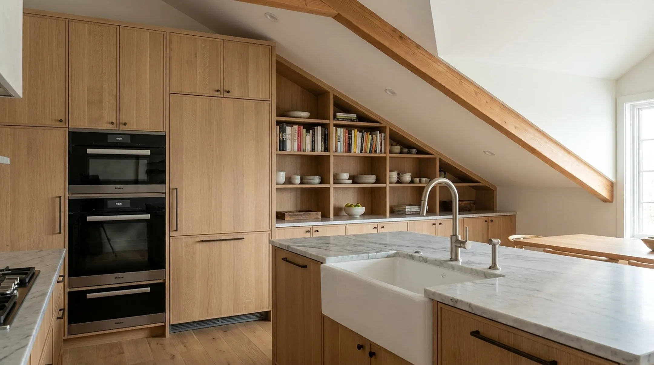 Custom kitchen cabinetry installed along a sloped ceiling wall