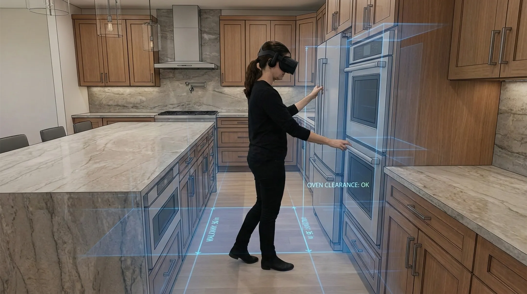 VR walkthrough model of custom kitchen design before fabrication