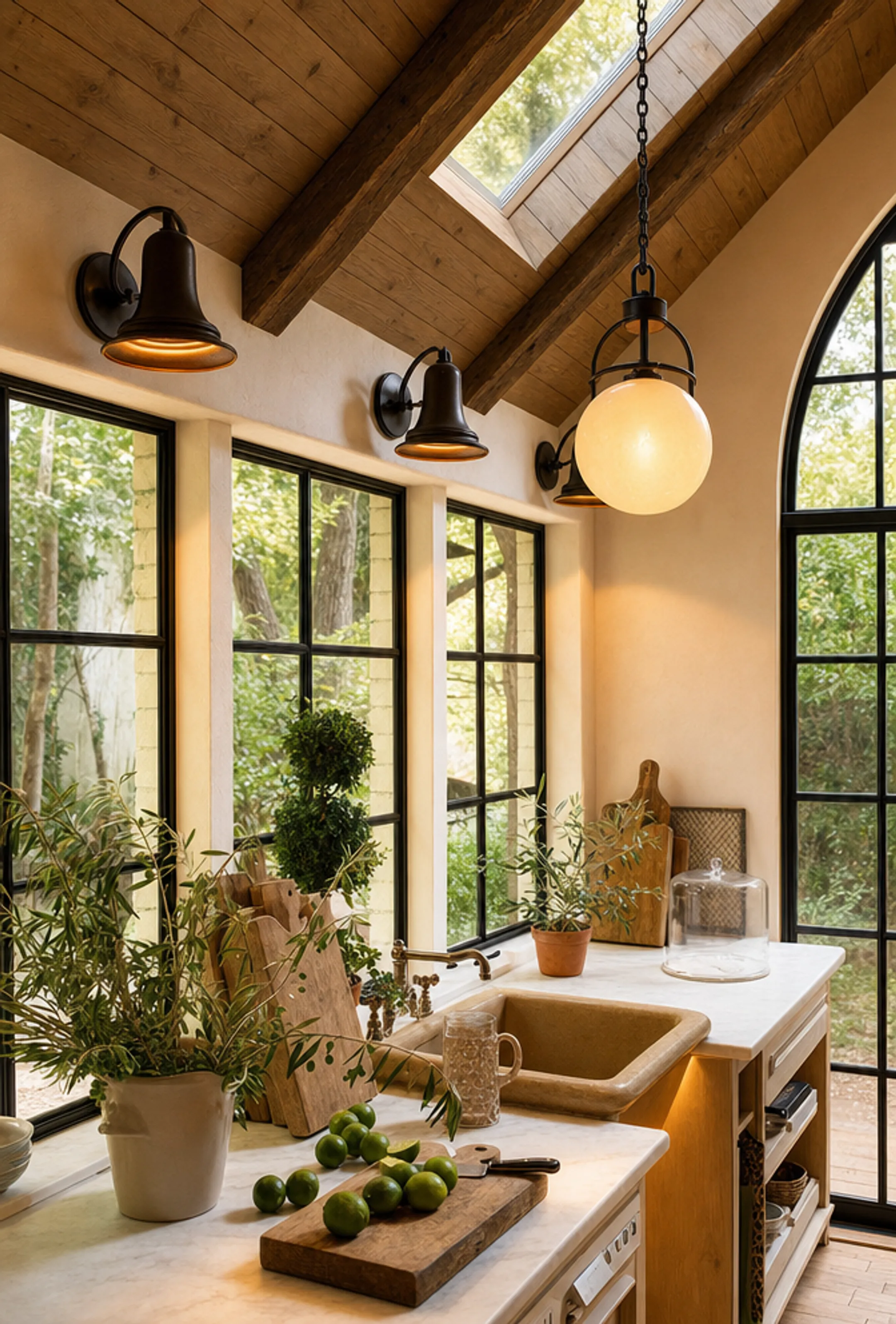 Layered lighting design under a vaulted wood ceiling kitchen