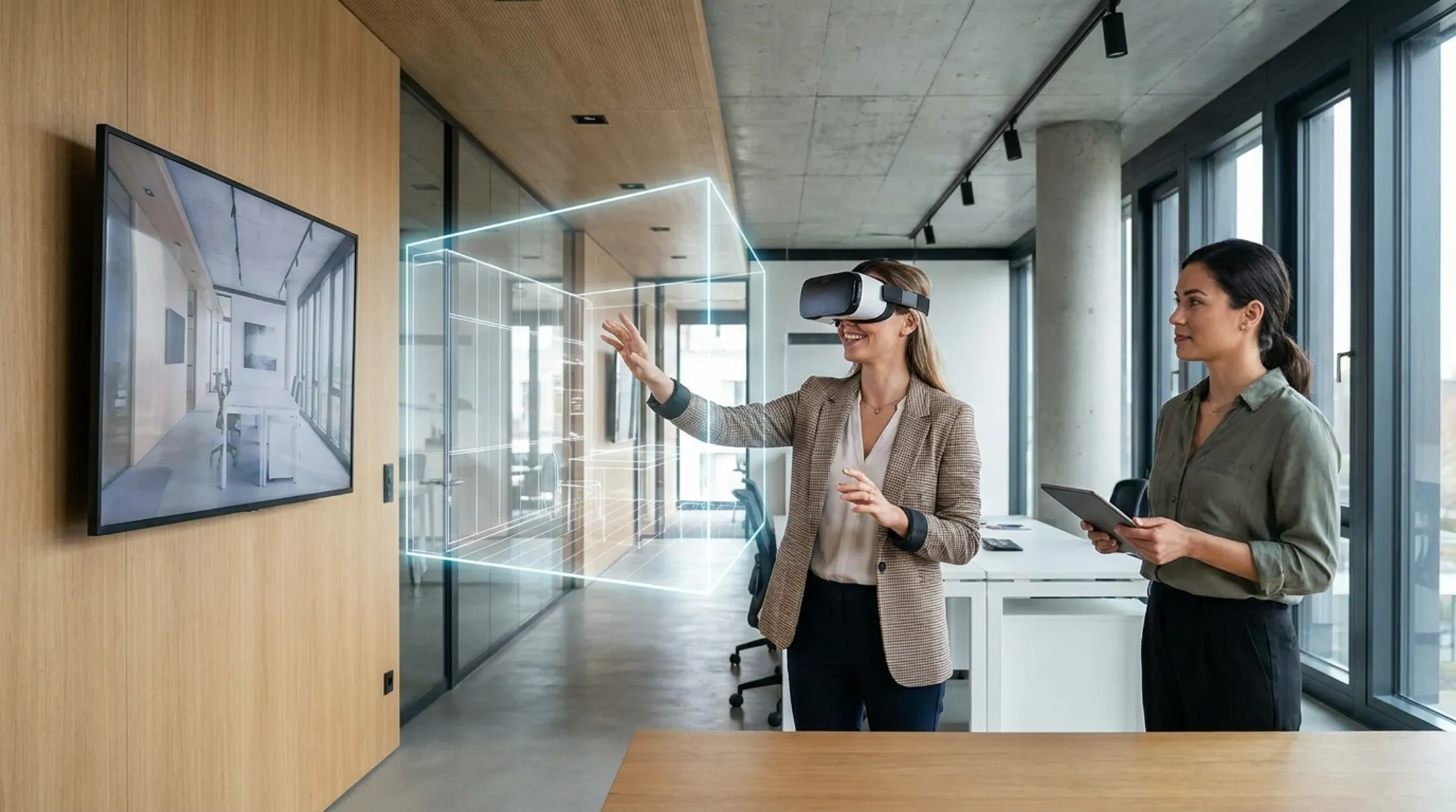 Client using virtual reality headset to view interior design presentation