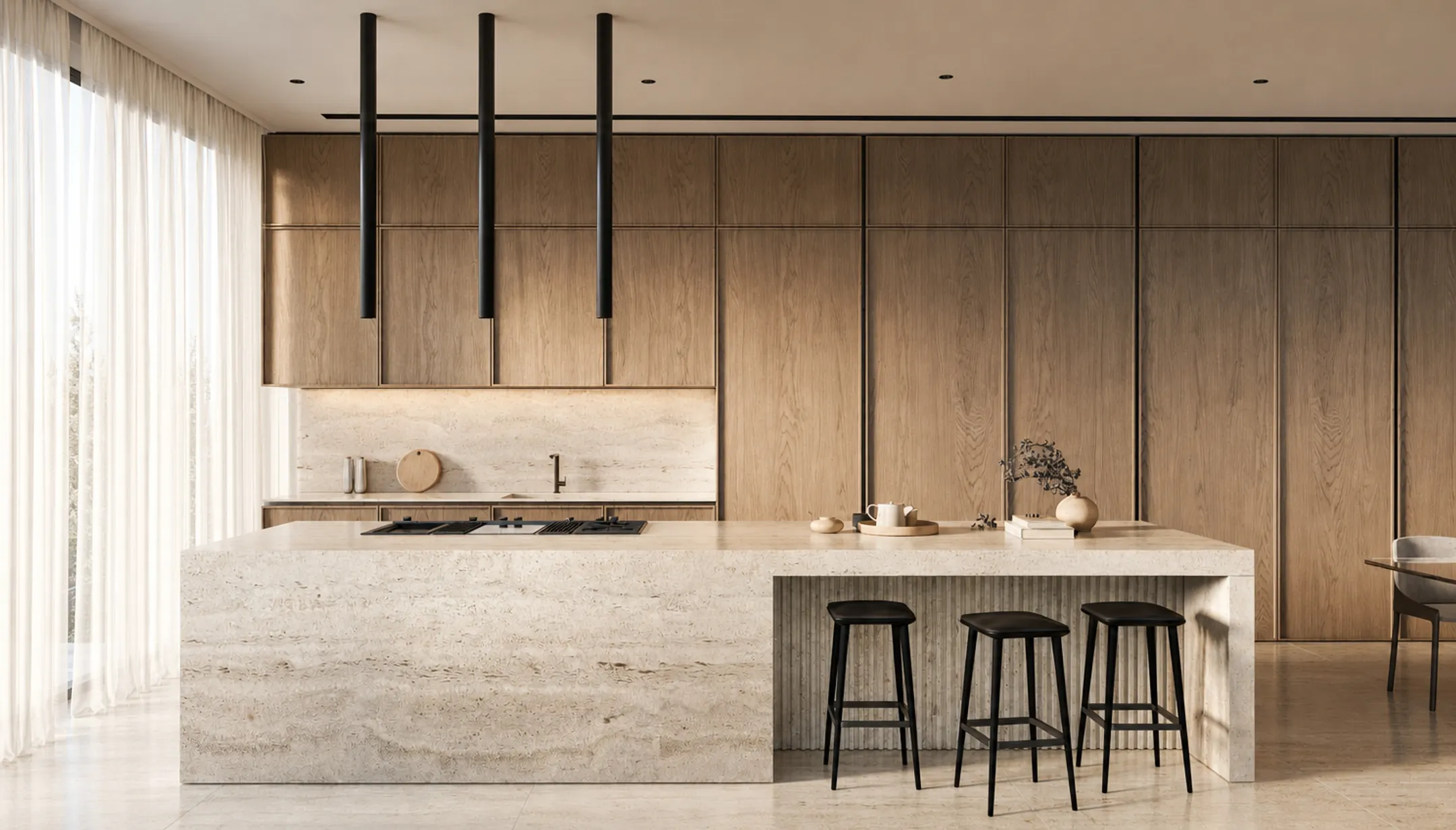 Photorealistic rendered kitchen interior showcasing lighting and material detail