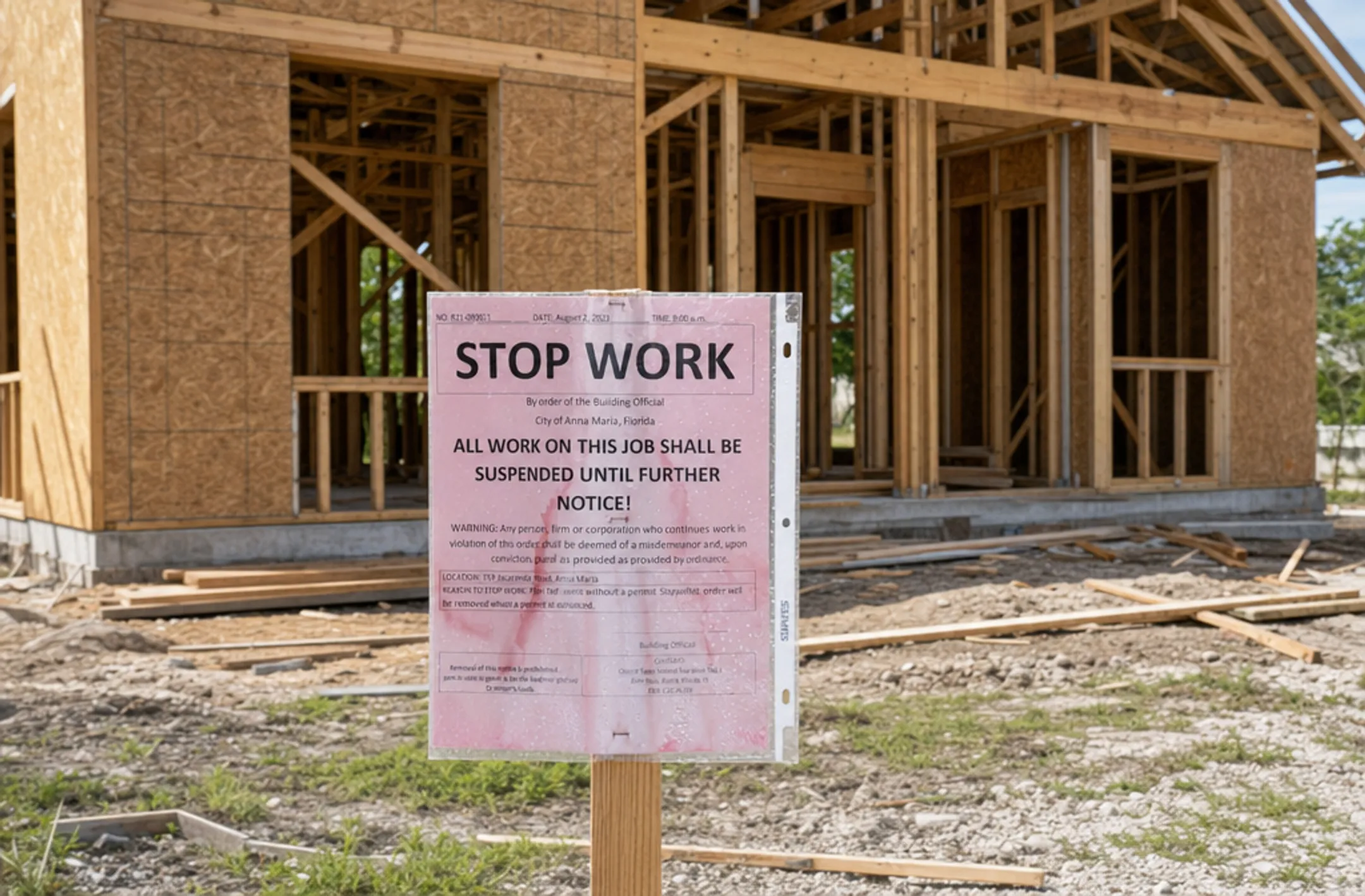 Stop-work order notice posted on unpermitted residential construction site
