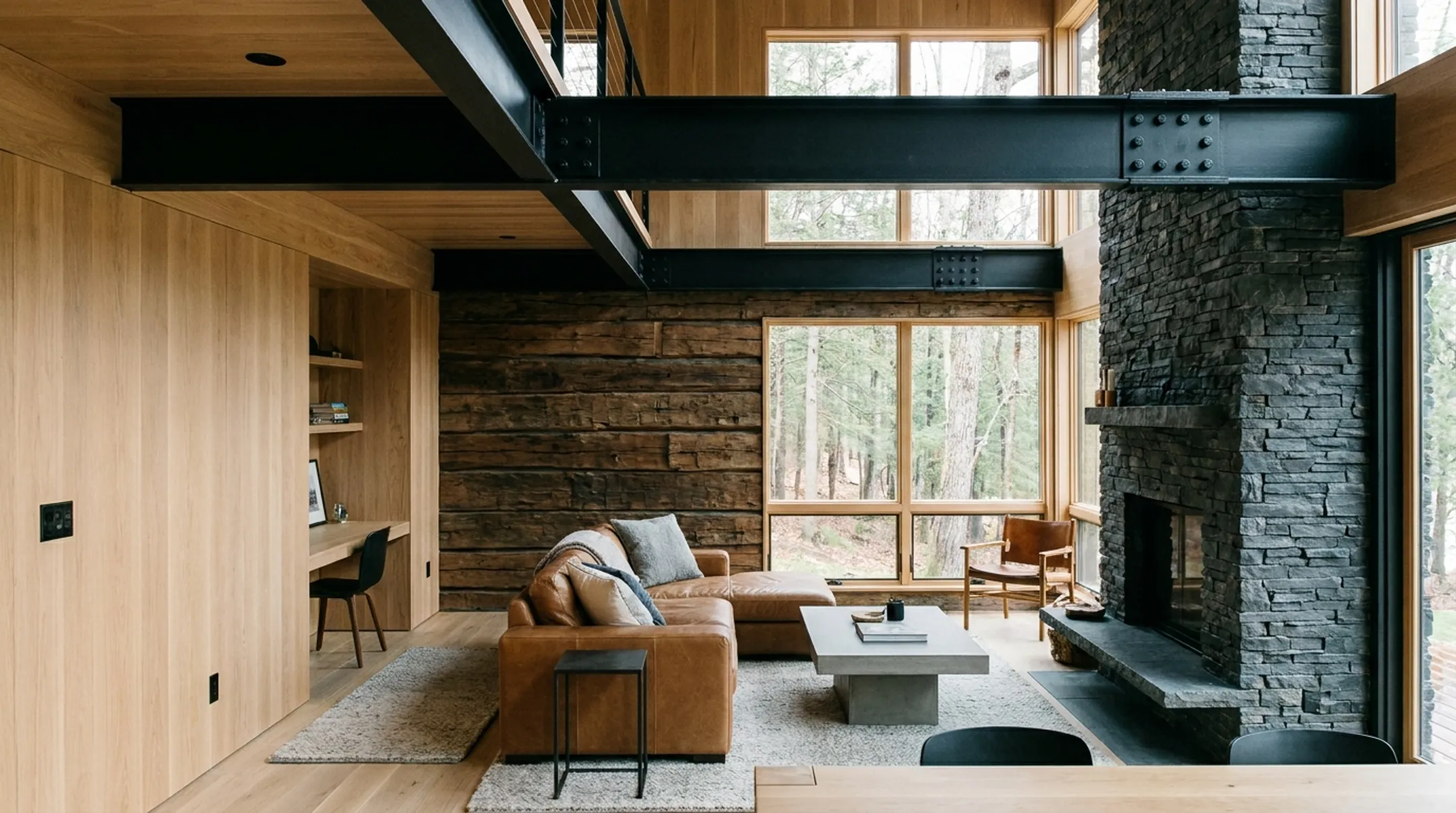 Modern cabin interior mixing wood stone glass and metal materials