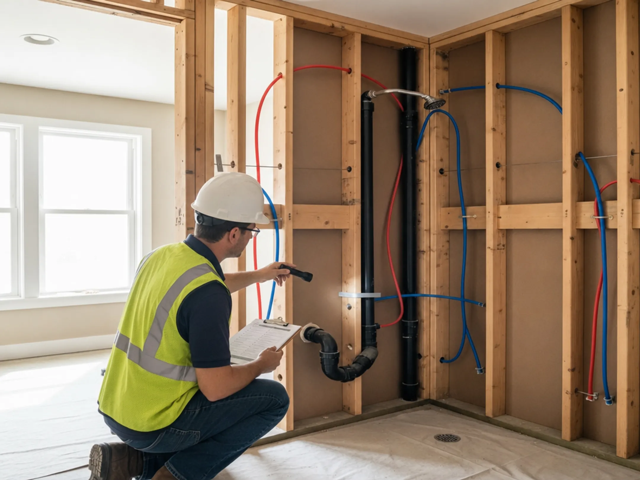 Inspector checking bathroom plumbing and waterproofing before wall installation