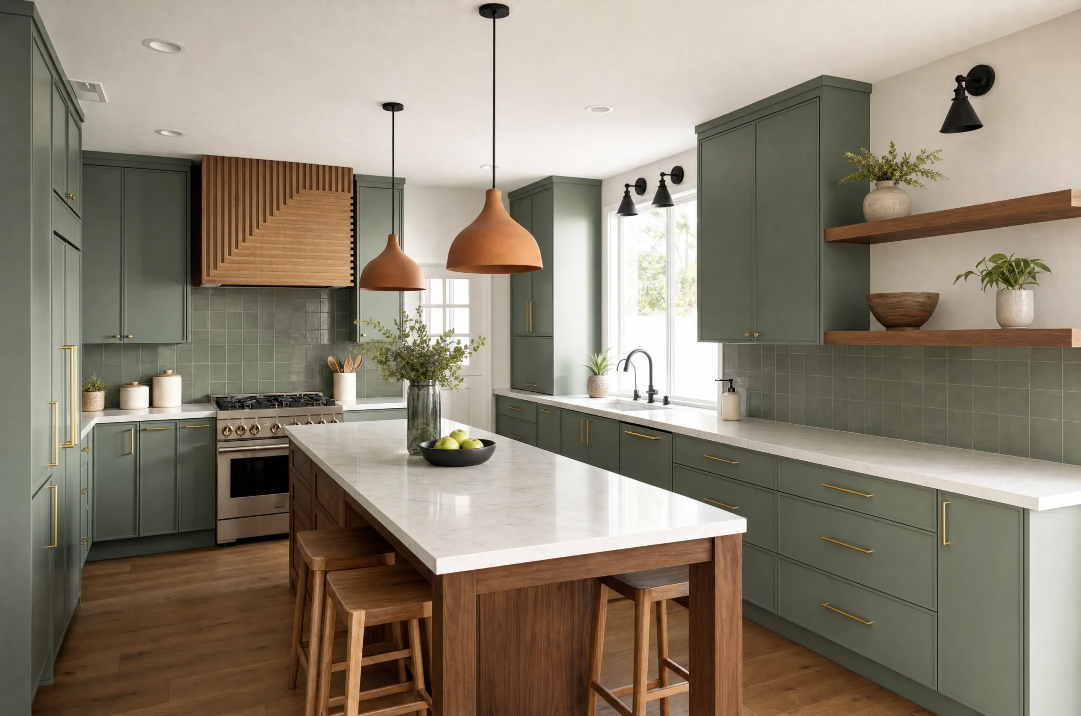 Warm walnut kitchen island with pale green backsplash tile