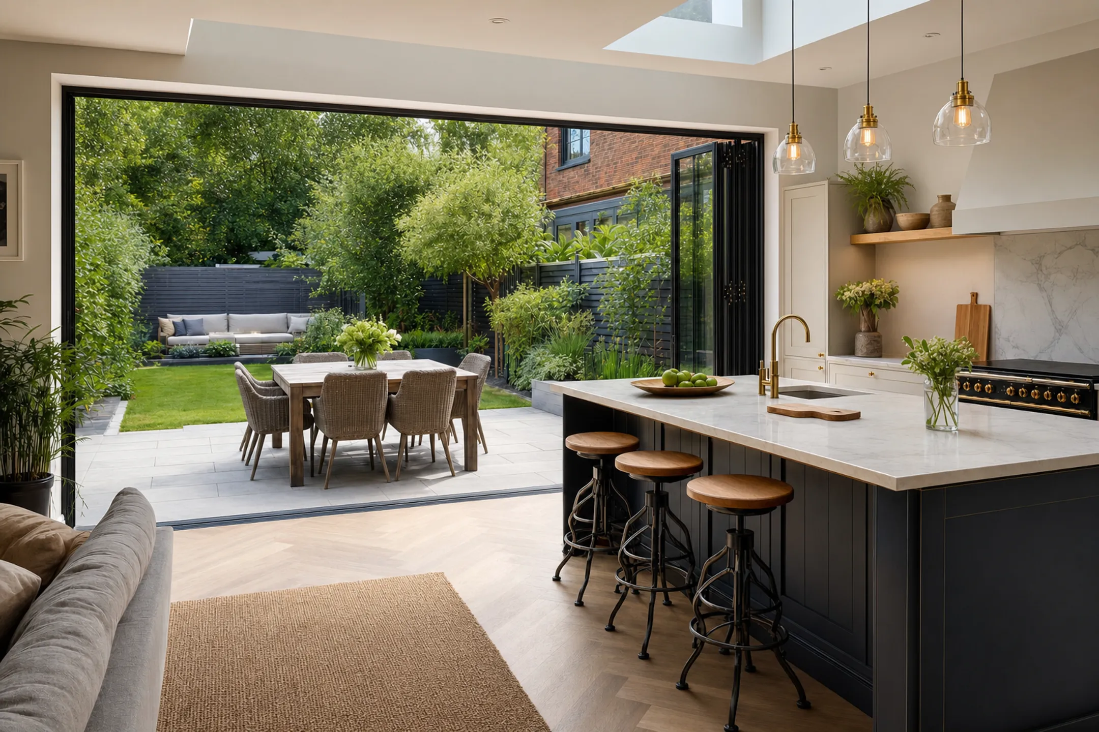 Indoor-outdoor kitchen layout with large island and glazed doors