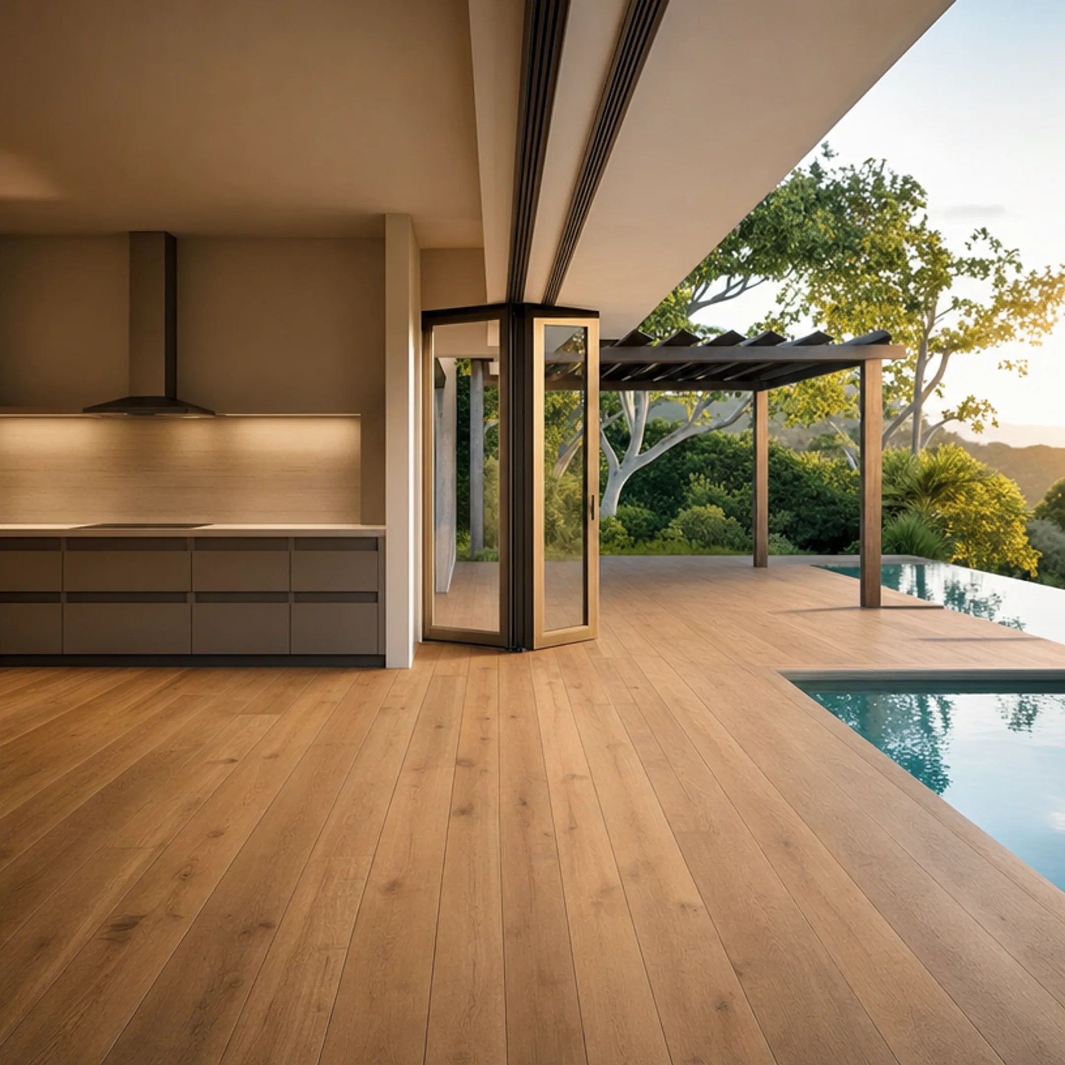 continuous wood flooring connecting indoor living space to outdoor courtyard
