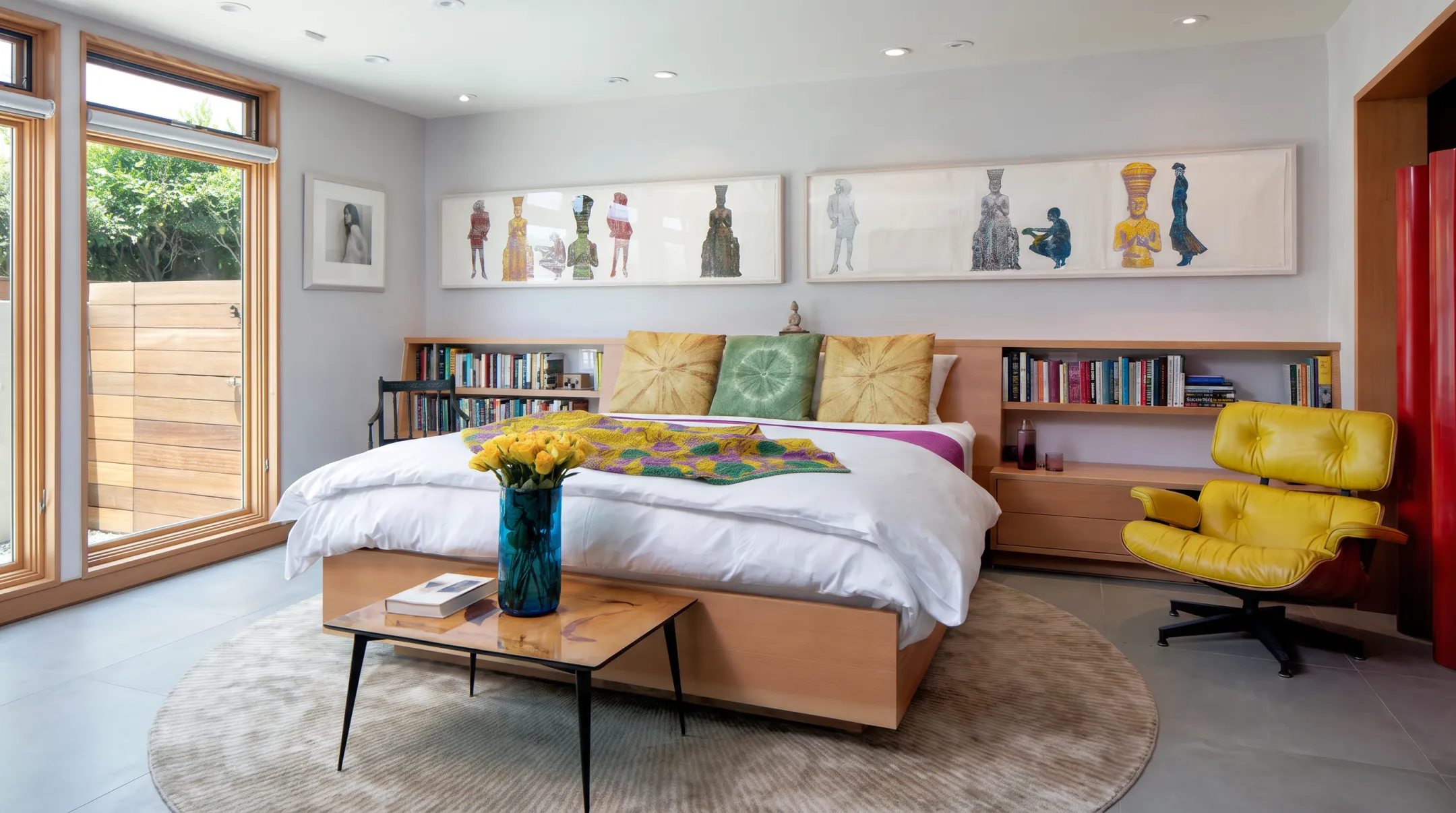 small bedroom with custom walnut cabinetry and built-in platform bed