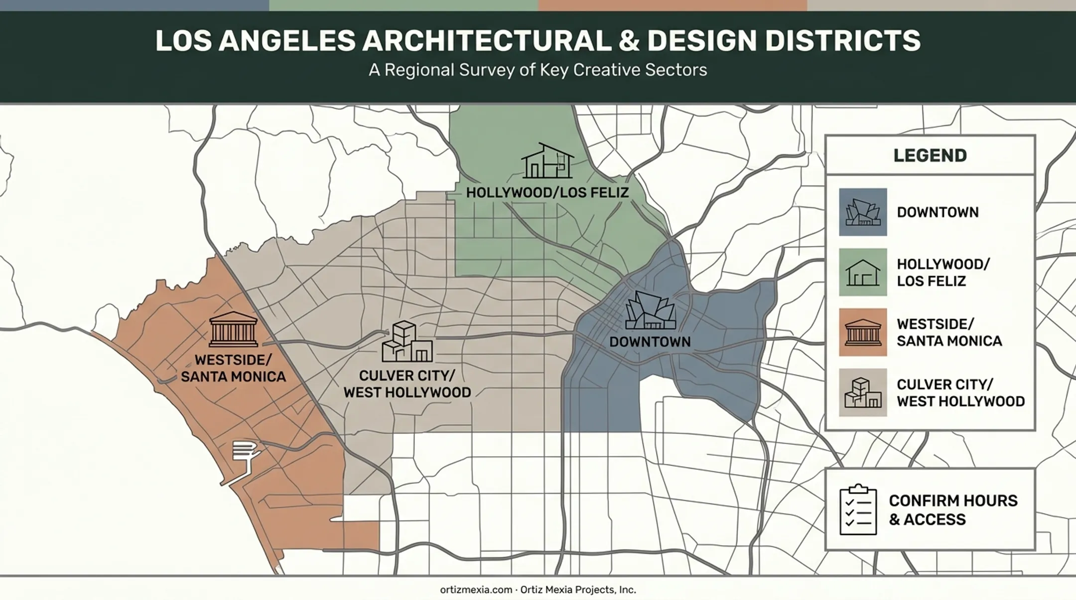 Los Angeles architecture tour map grouped by geographic neighborhood clusters